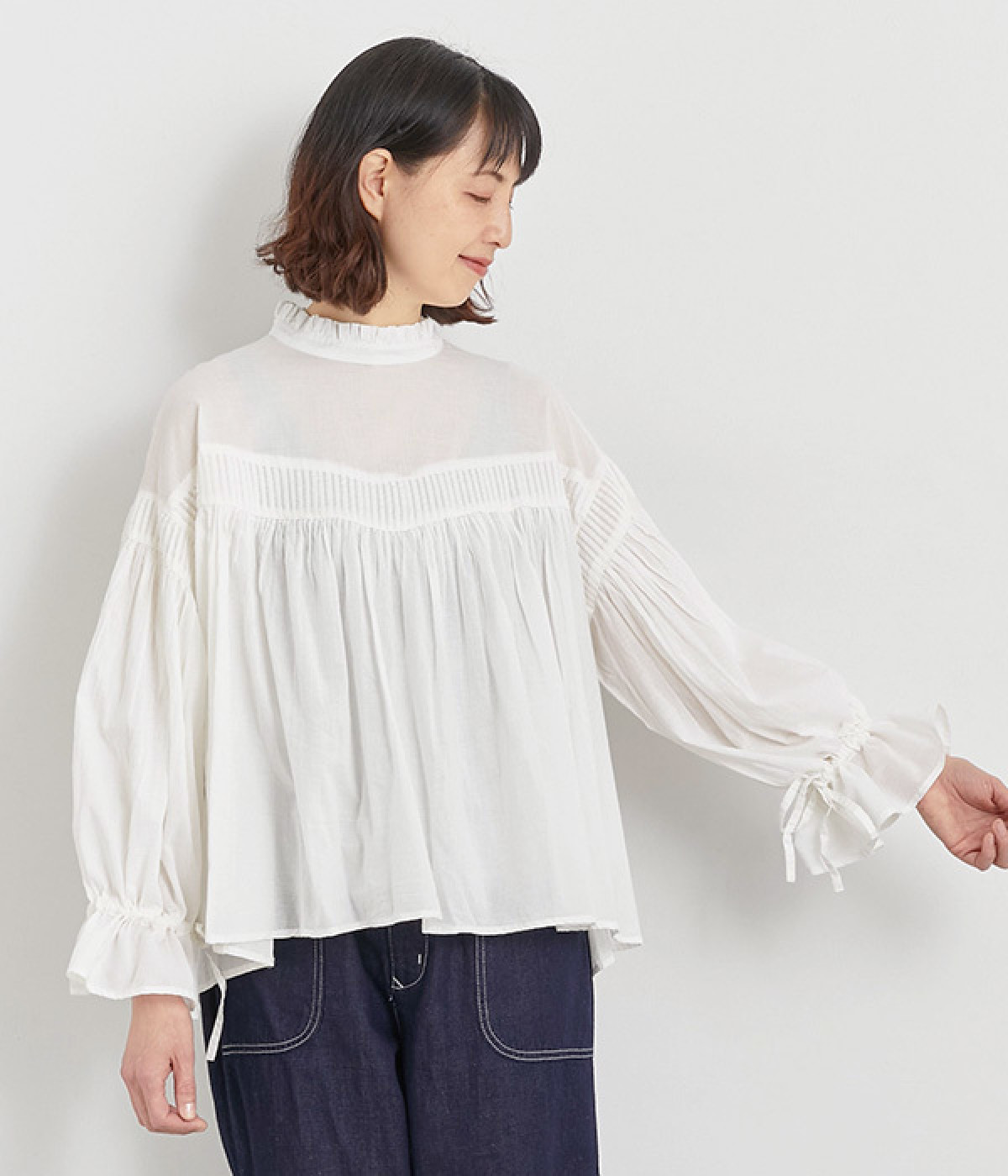 Vピンタックドロスト袖プルオーバー(ホワイト-ONESIZE)