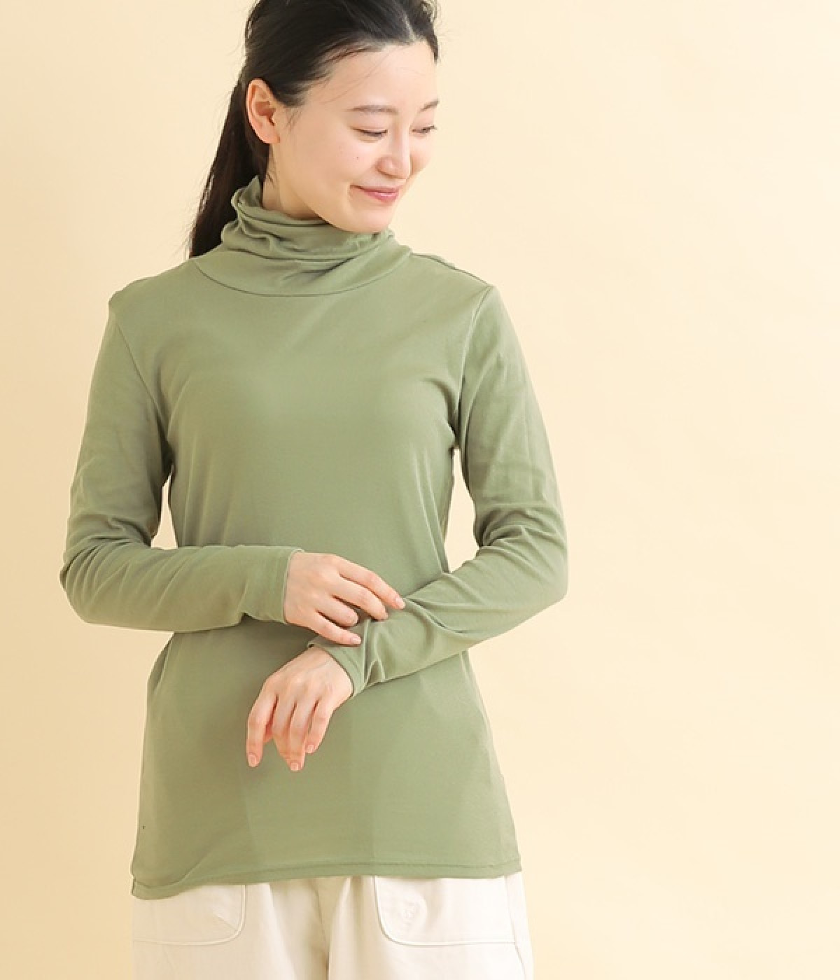 スーピマフライス　ロングラフネック長袖Tシャツ(セージグリーン-ONESIZE)