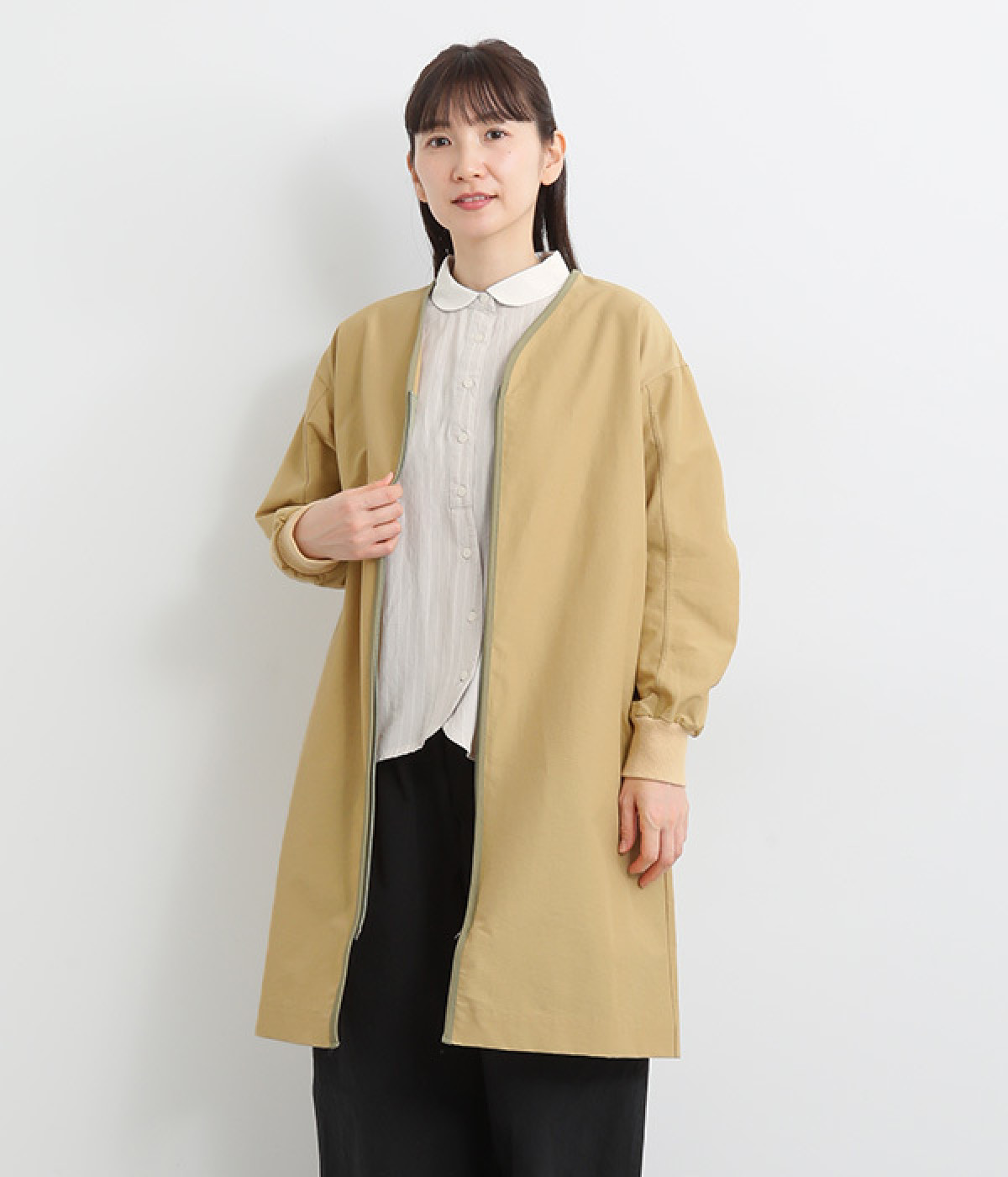 コットンナイロンクロスワッシャーギャザースリーブコート(ベージュグレー-ONESIZE)