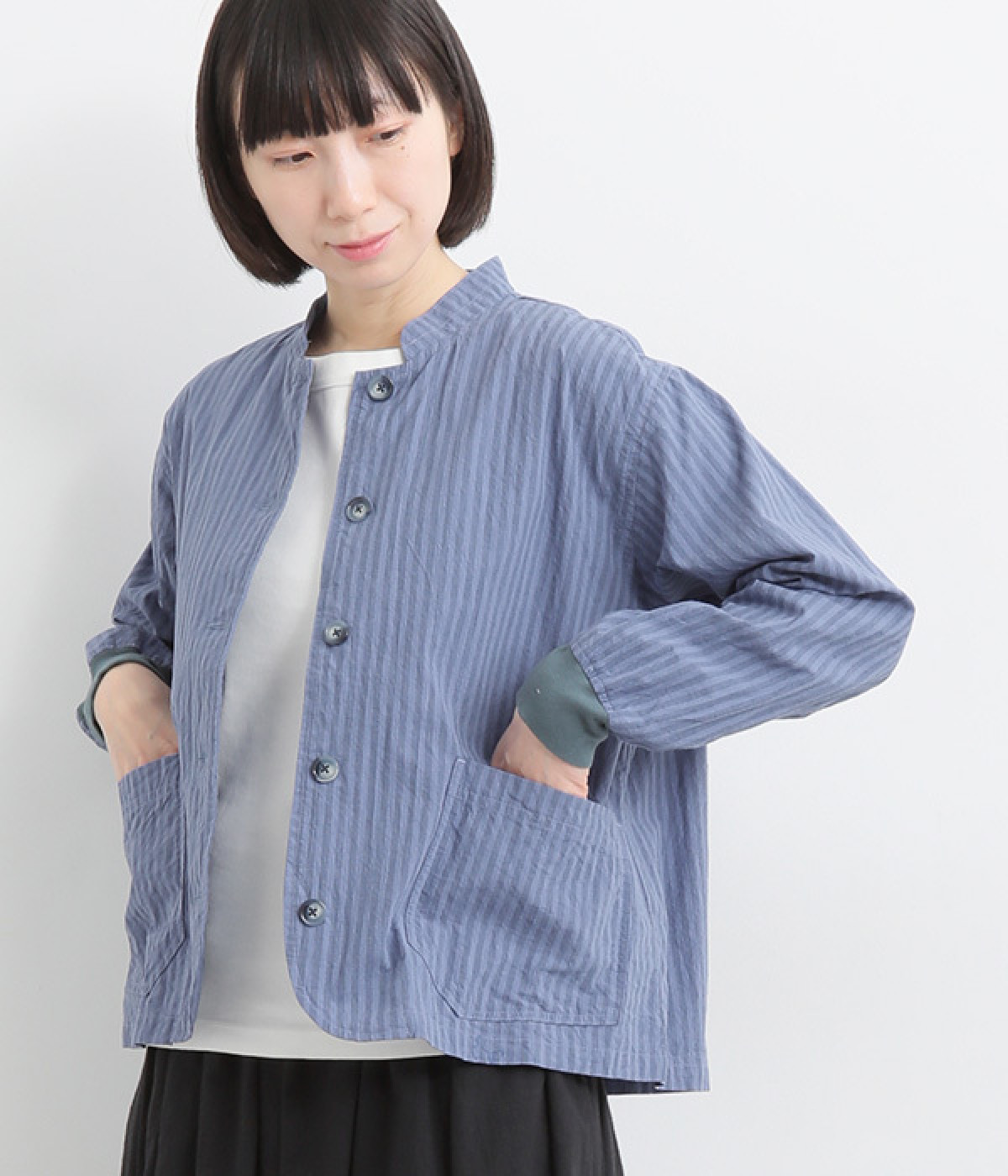 【toujours ensemble】ナチュラルウェーブポプリンストライプ長袖ワークジャケット(ブルー-ONESIZE)