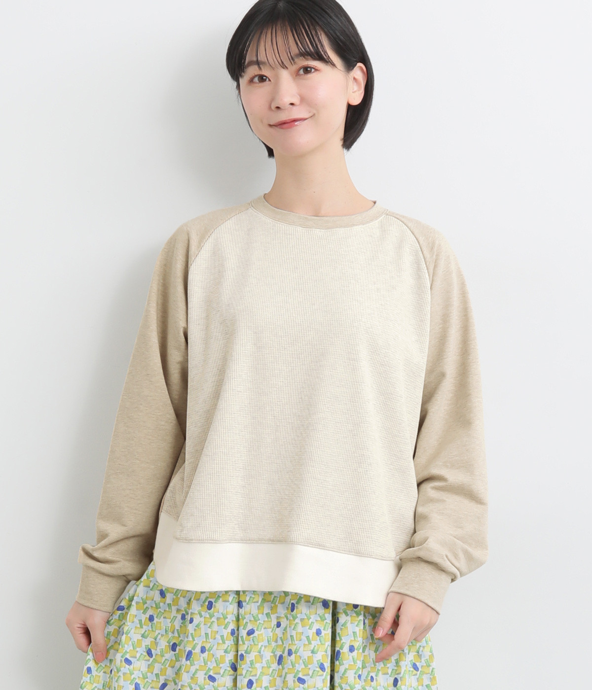 ストレッチ裏毛異素材ドッキングプルオーバー(杢ベージュ-ONESIZE)