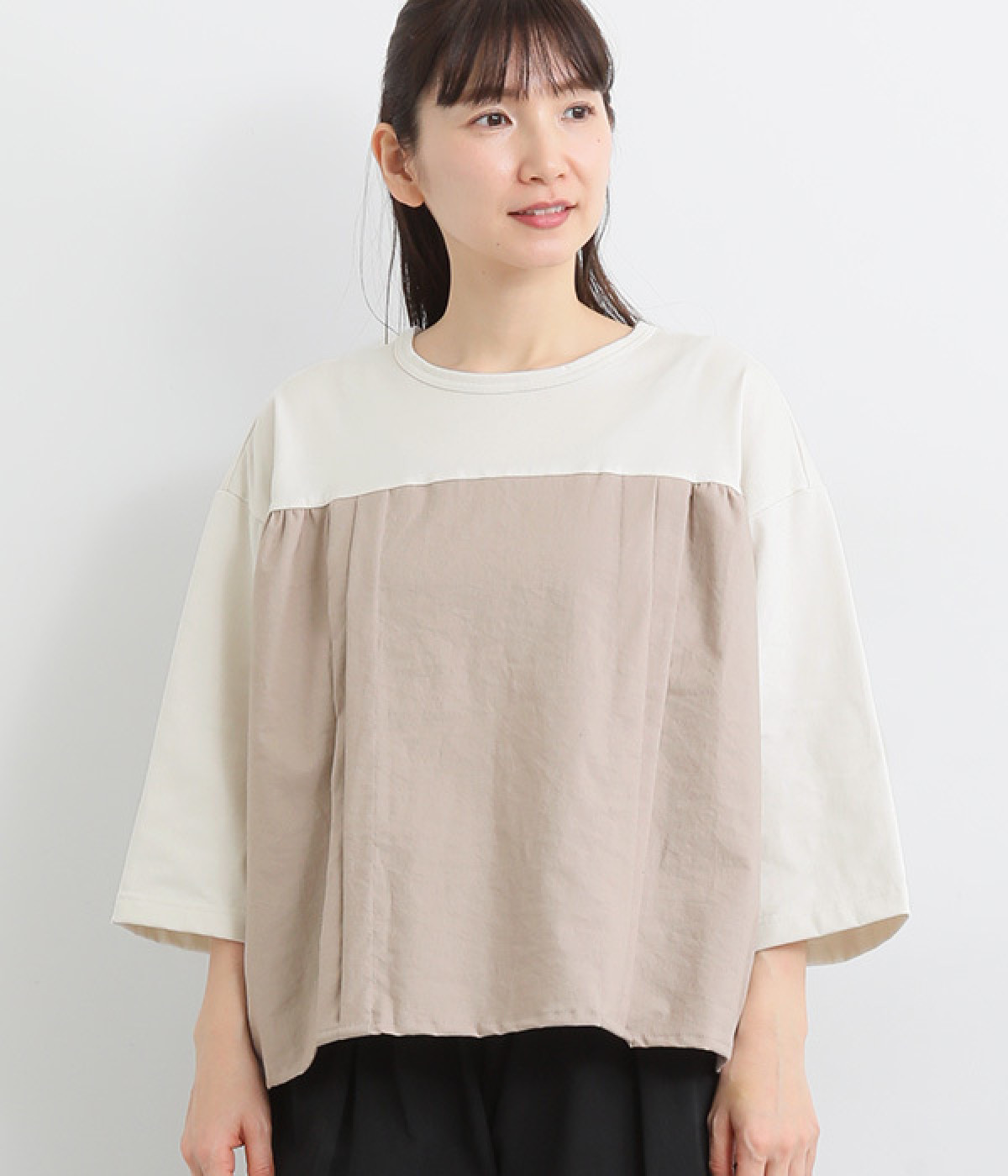 【toujours ensemble】天竺×ヴィンテージポプリン8分袖切替タックプルオーバー(サージグレー-ONESIZE)