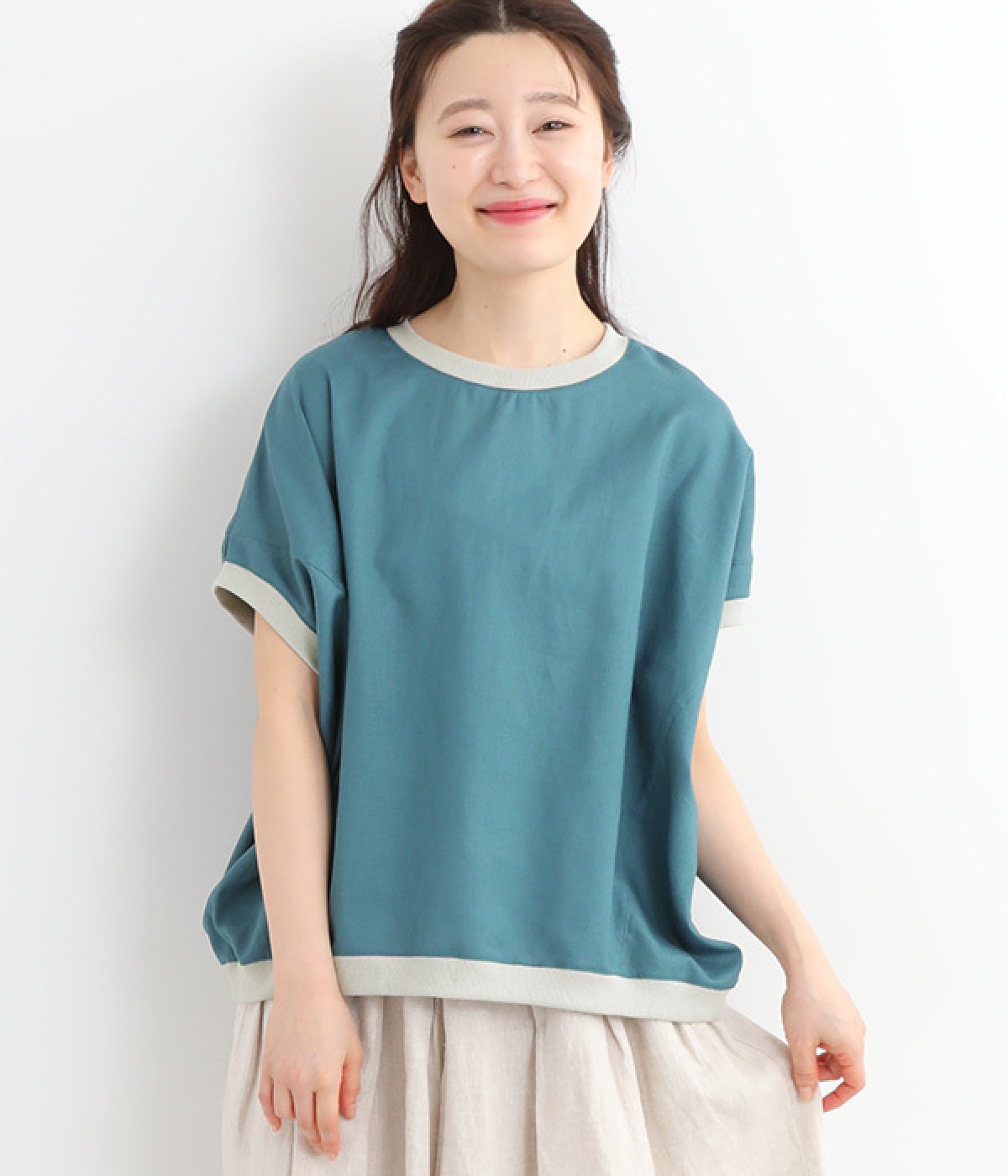 コットンリネンポプリンゆったりフレンチプルオーバー(ブルー-ONESIZE)