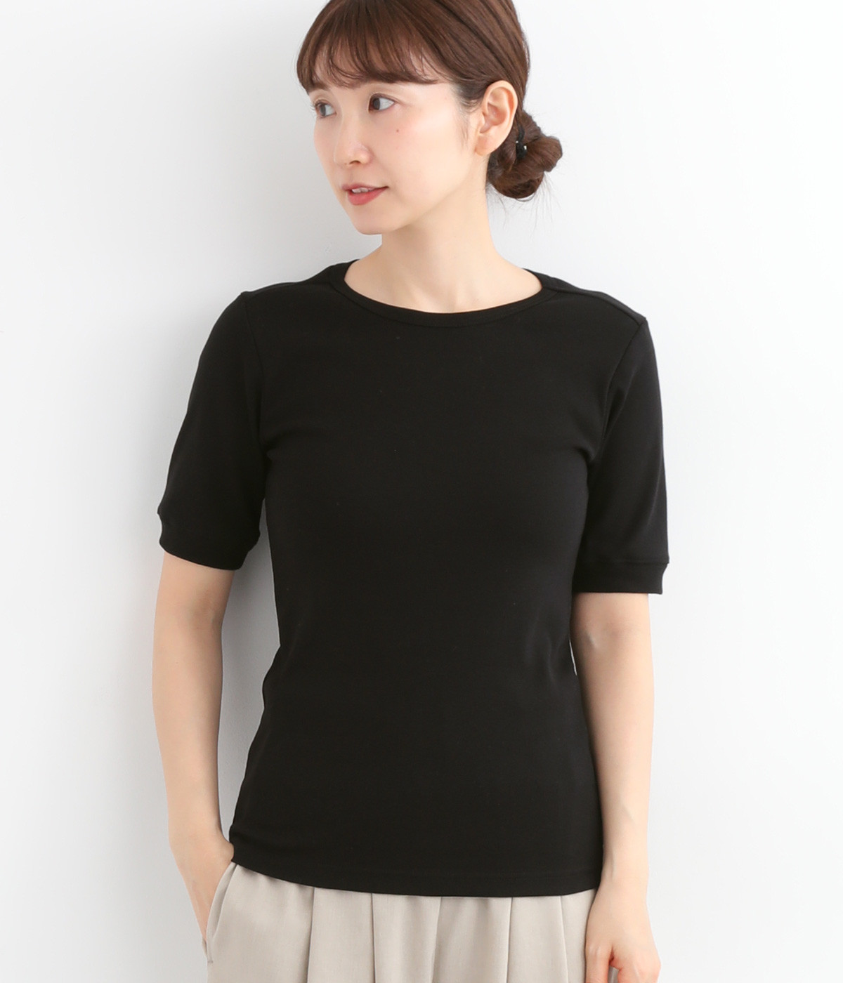 コットンスワイフライス5分袖Tシャツ(ブラック-ONESIZE)