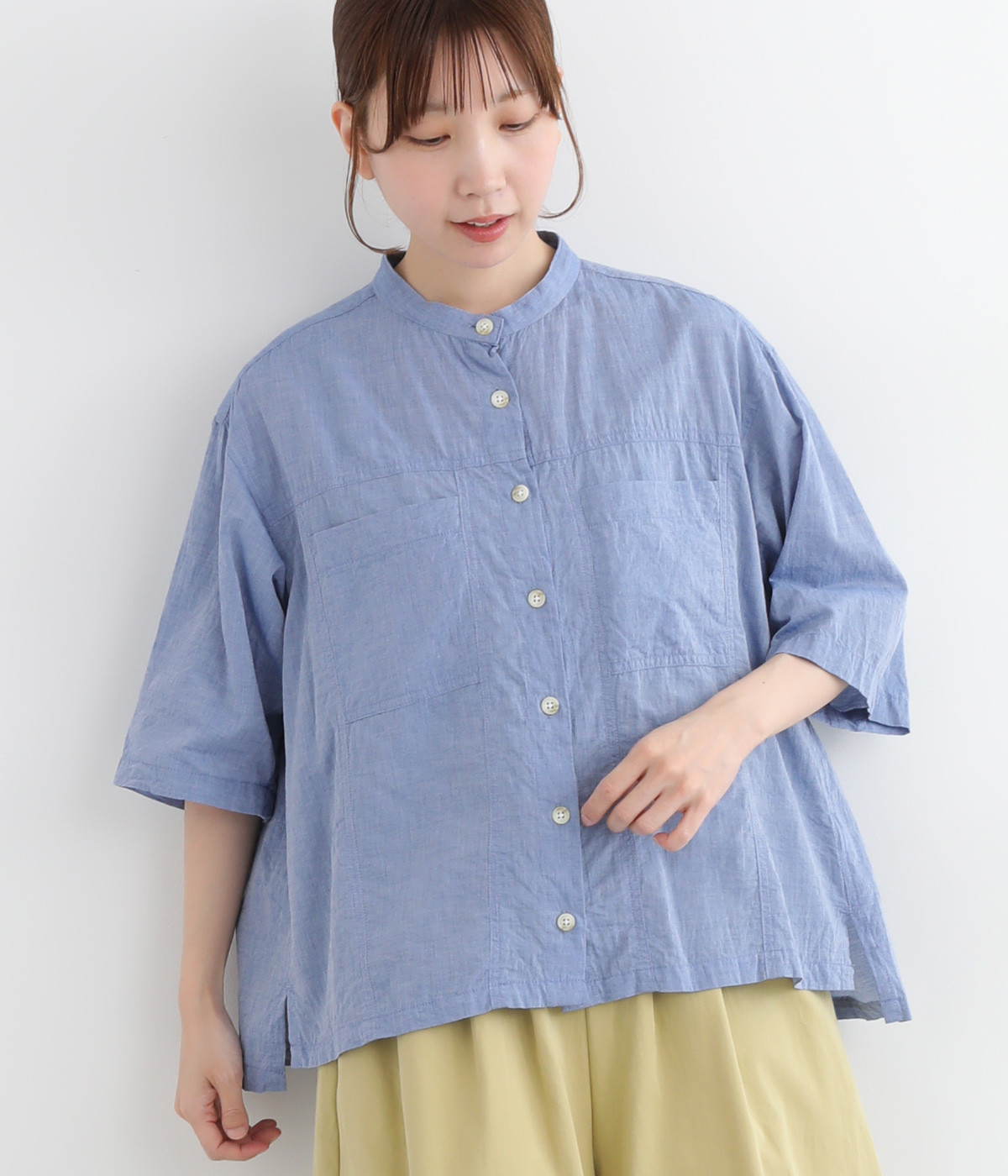 コットン洗い天日オーガニックマグワッシャー7分袖ワークシャツ(ブルー-ONESIZE)