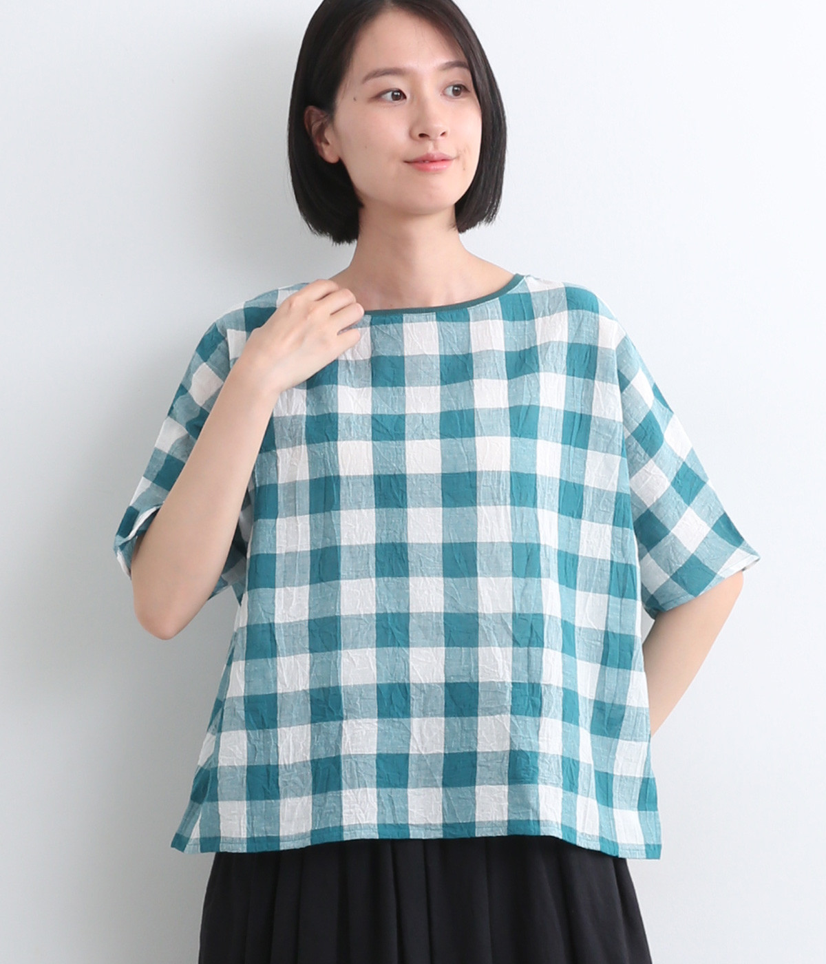 コットンリネンボイルワッシャーギンガム両面プルオーバー(グリーン-ONESIZE)