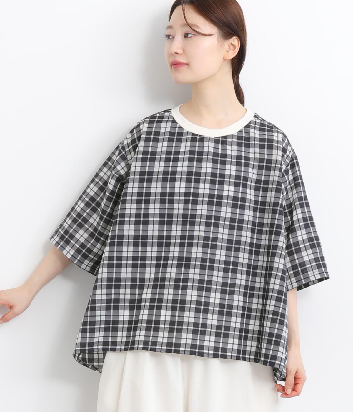 【toujours ensemble】ナチュラルコットンリネンシアーチェック5分袖クルーネックAラインプルオーバー(ネイビー-ONESIZE)