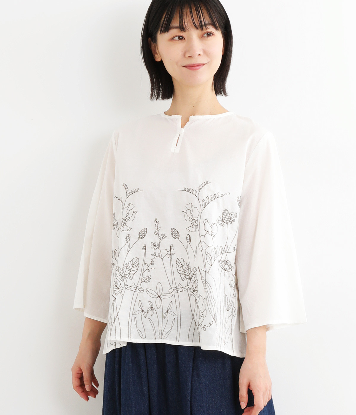 ボタニカル刺繍コットンブラウス(ホワイト-ONESIZE)