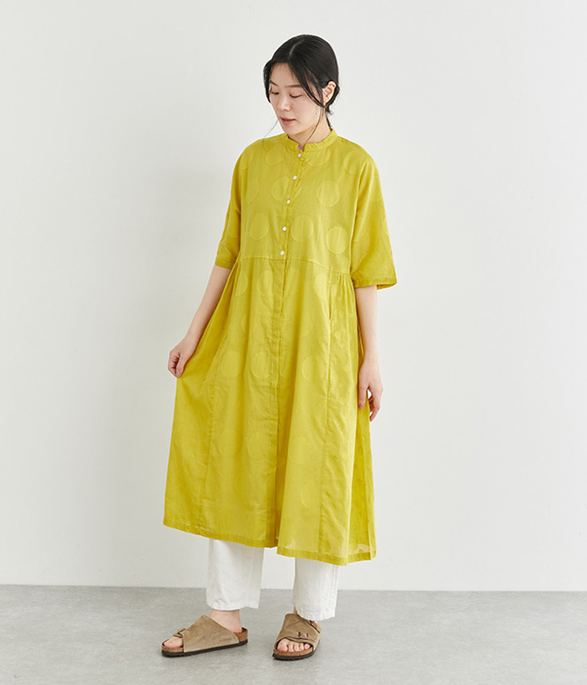 ドットカットジャカードコットンシャツワンピース(イエロー-ONESIZE)