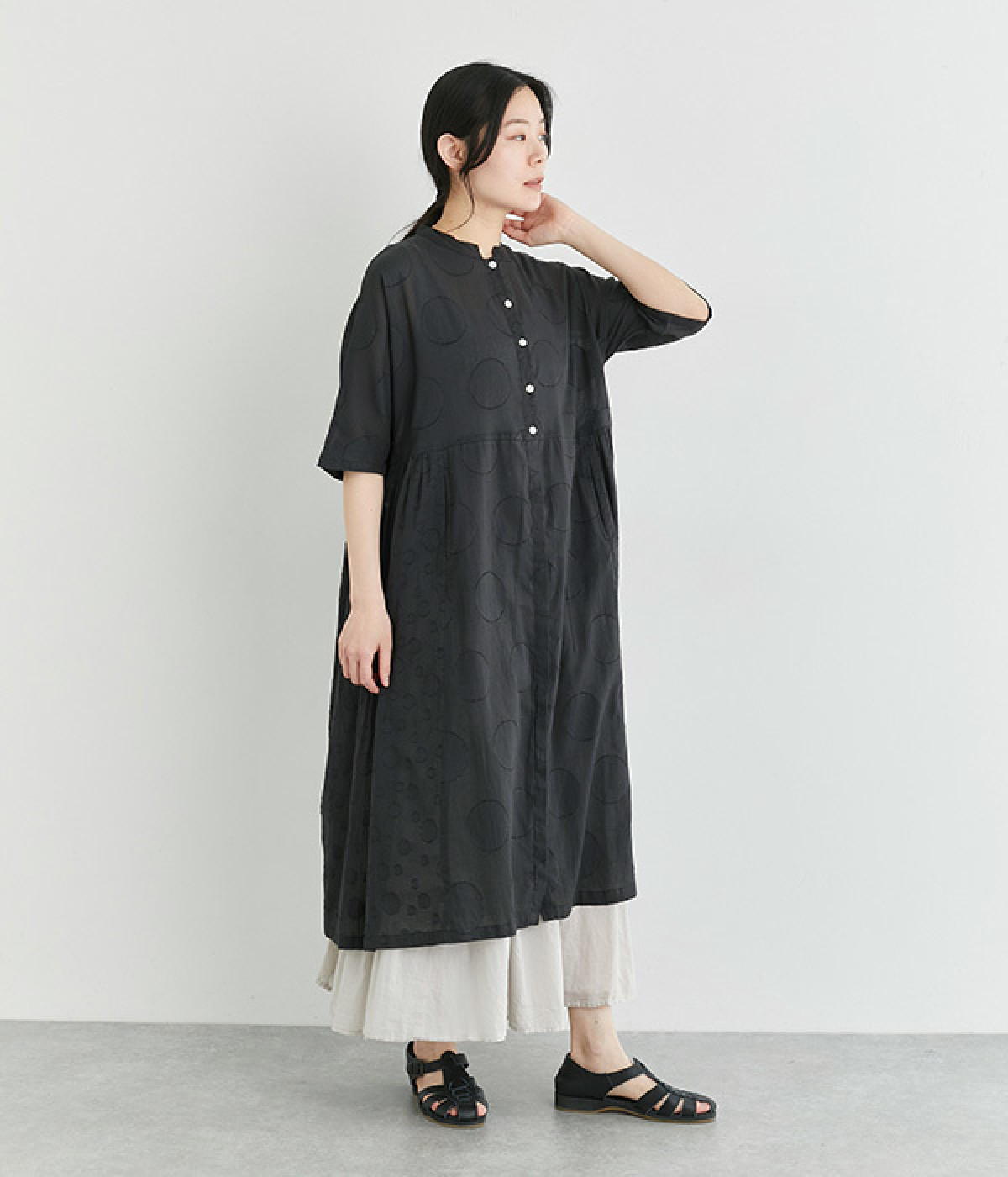 ドットカットジャカードコットンシャツワンピース(ブラック-ONESIZE)