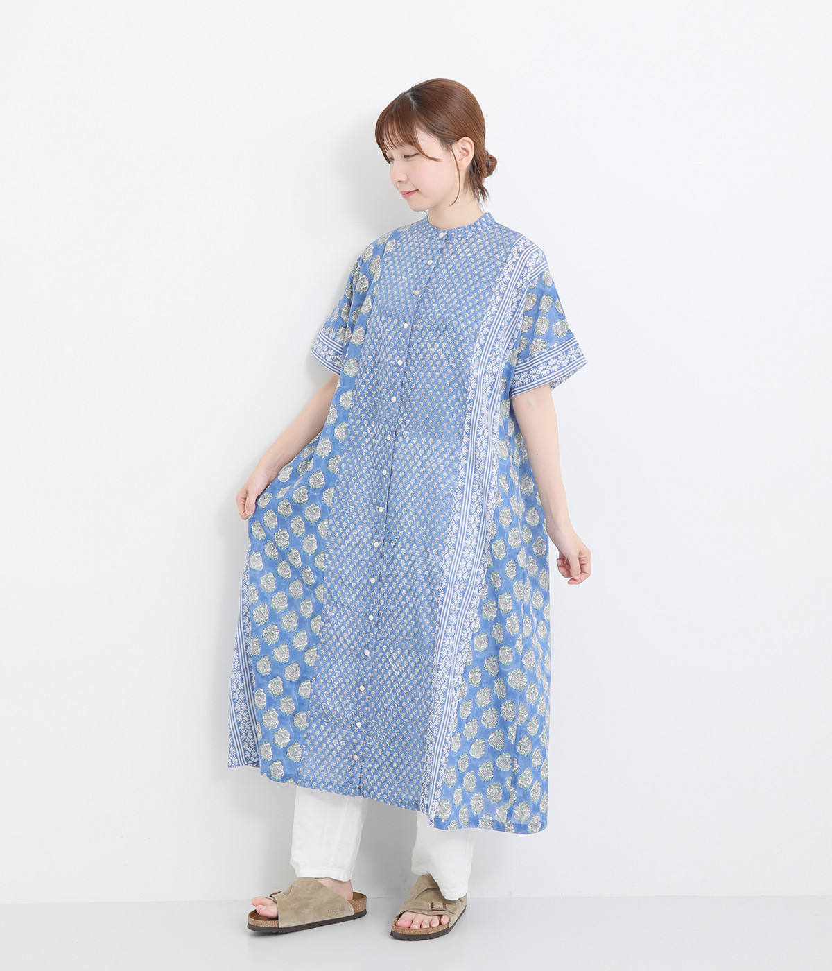 ブロックプリントパッチワークコットンワンピース(ブルー-ONESIZE)