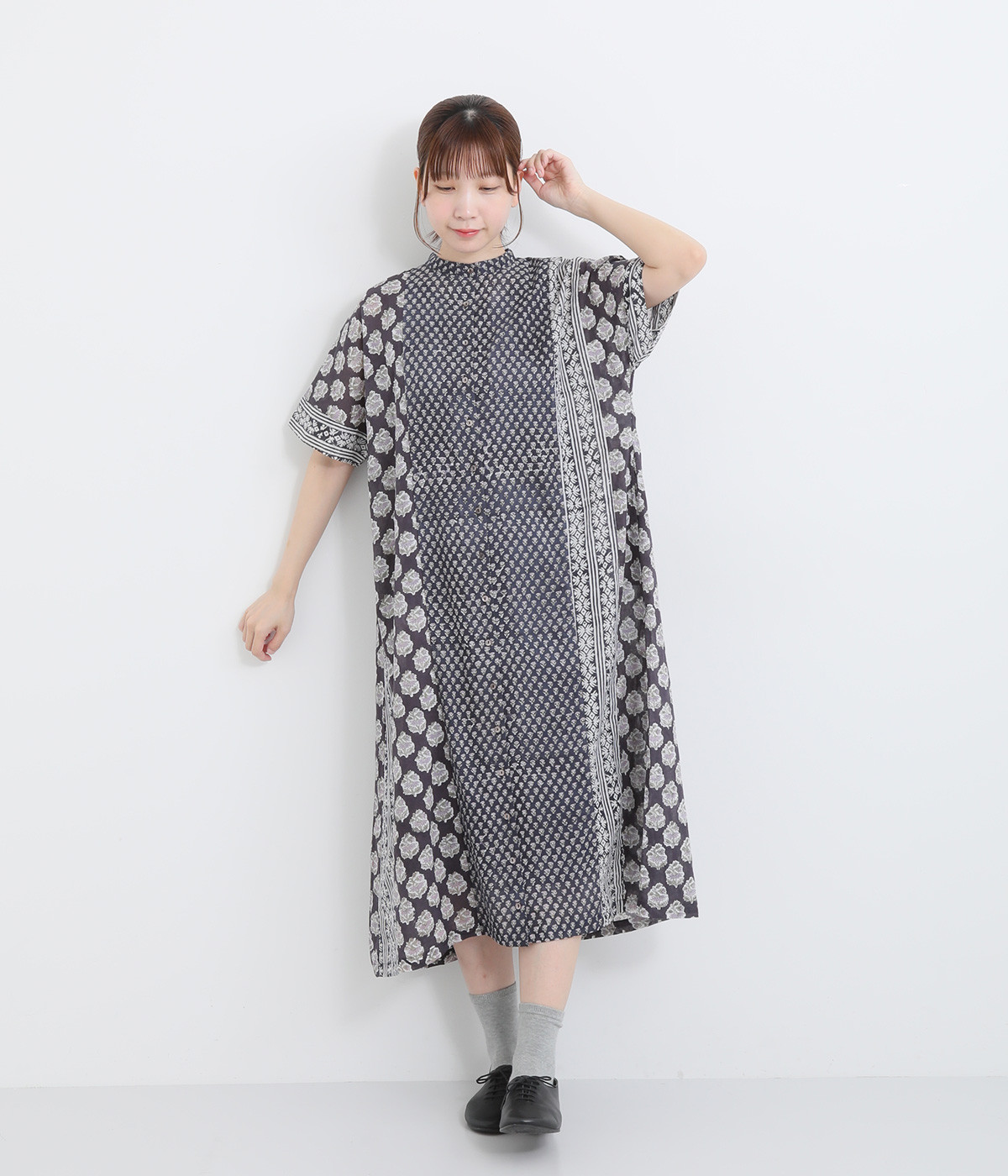 ブロックプリントパッチワークコットンワンピース(ブラック-ONESIZE)