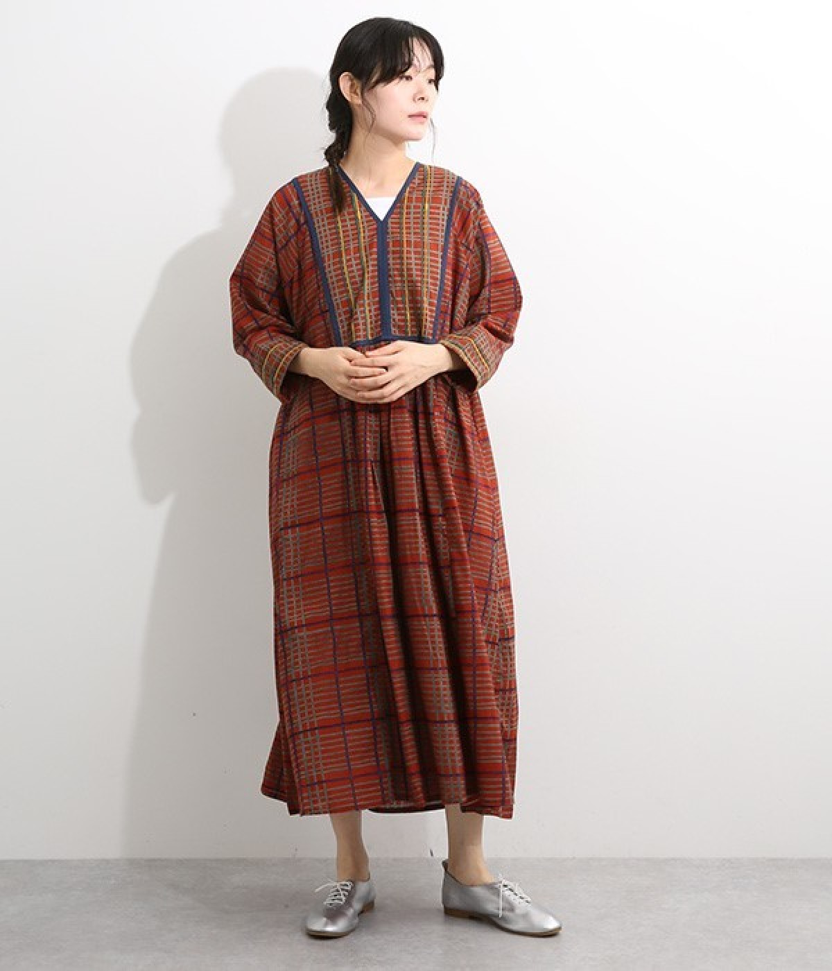 チェックプリントギャザーワンピース(レッド-ONESIZE)