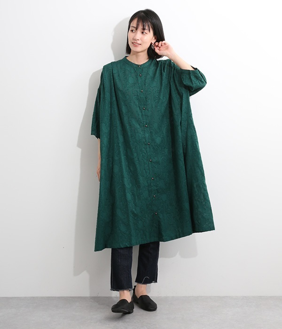 カットジャカードペイズリー　ショルダータックワンピース(グリーン-ONESIZE)