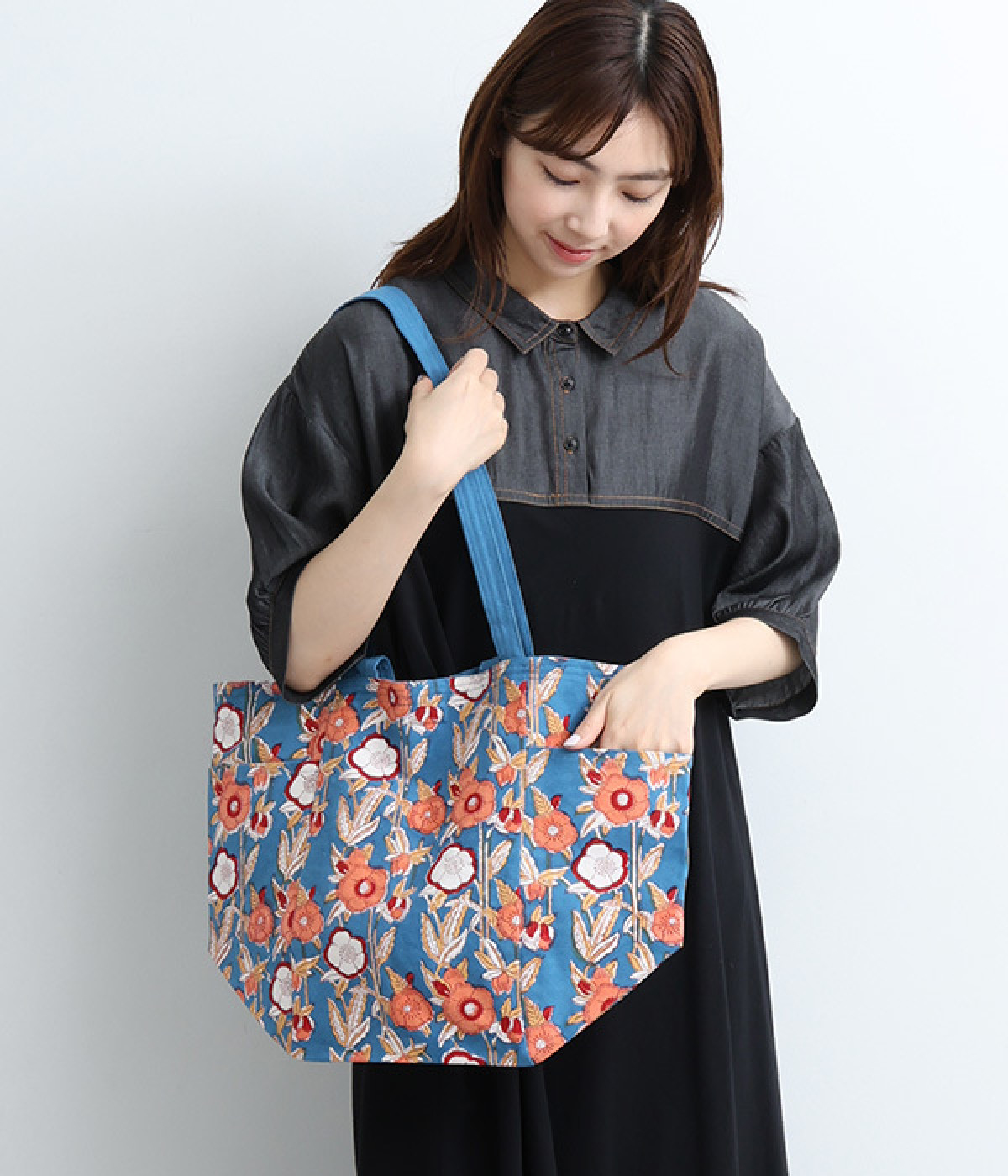 ブロックプリント2WAYトートバッグ(ブルー-ONESIZE)