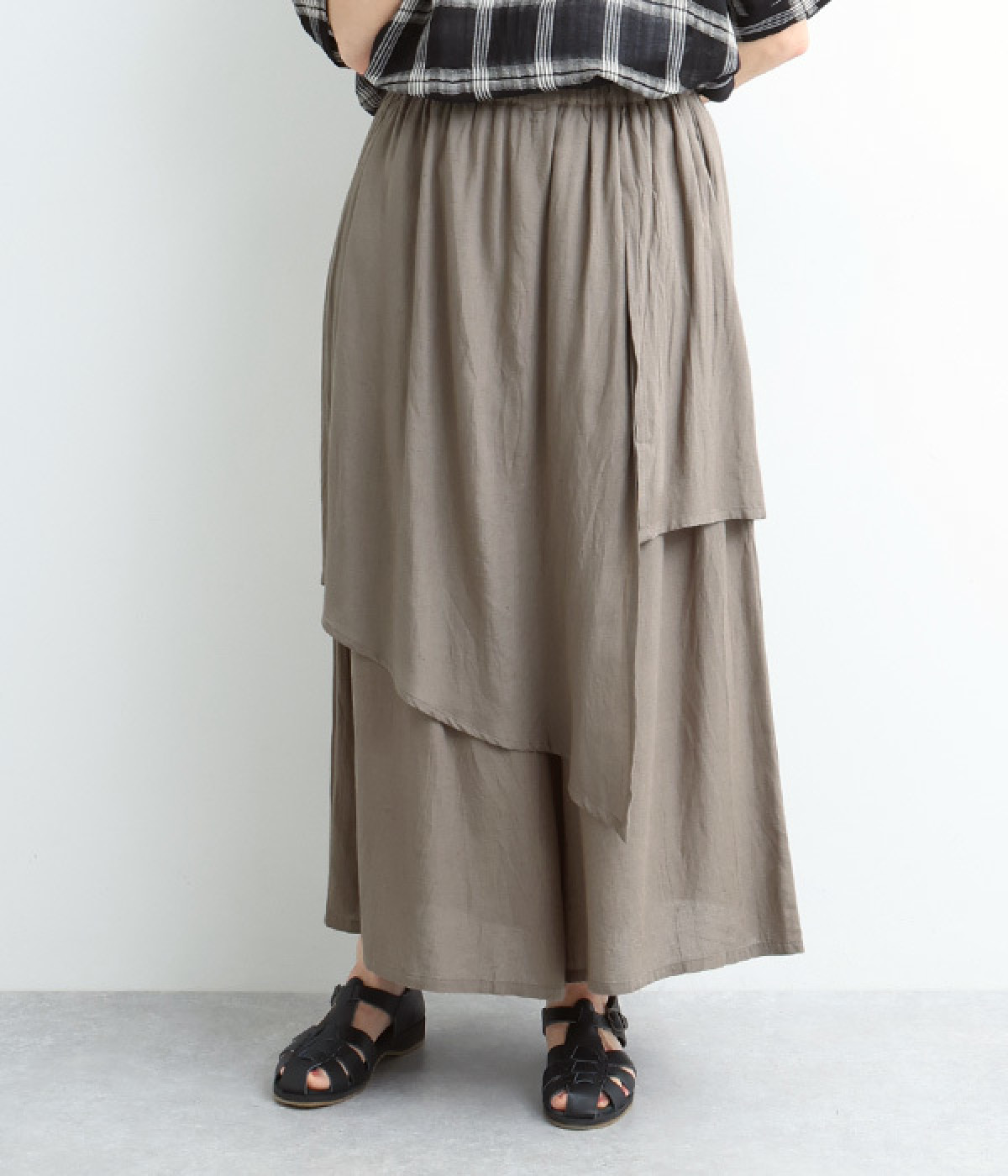 レーヨンアシンメトリースカート付パンツ(グレー-ONESIZE)