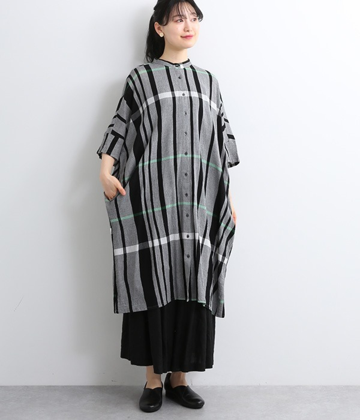 コットンチェックワイドチュニックブラウス(ブラック-ONESIZE)