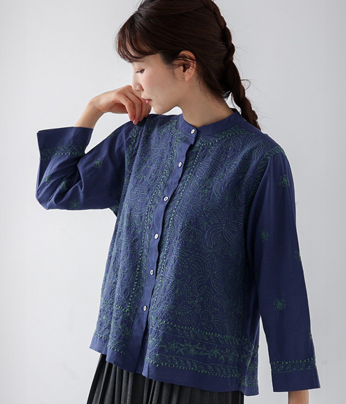 ラクノウ刺繍ステッチショートブラウス(ネイビー-ONESIZE)