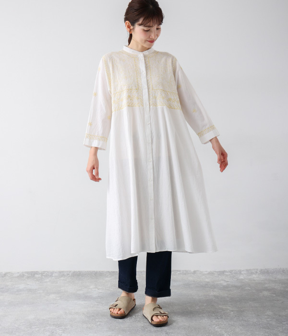 ラクノウ刺繍ステッチロングチュニックブラウス(ホワイト-ONESIZE)