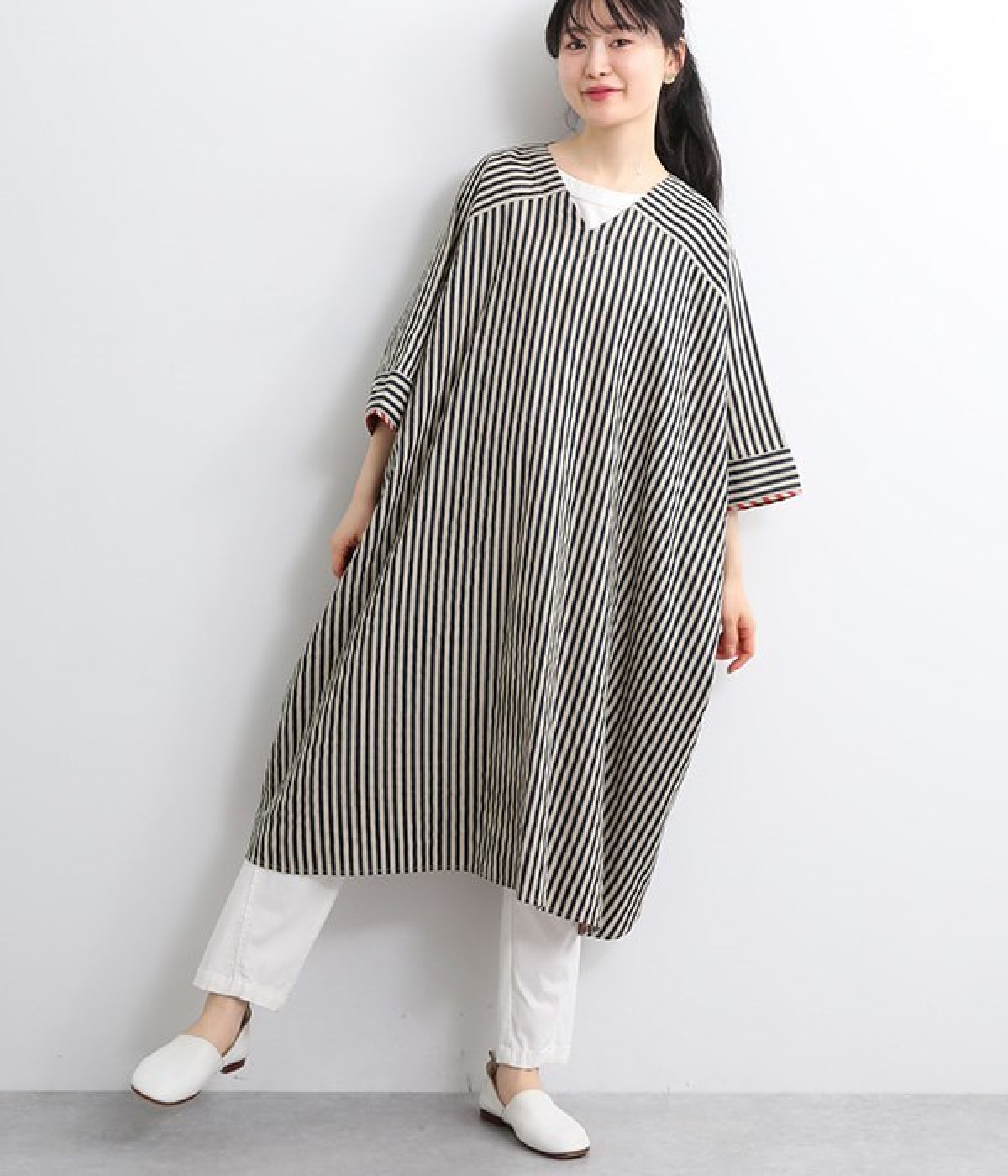 ダブルフェイスストライプリバーシブルワンピース(ネイビー-ONESIZE)