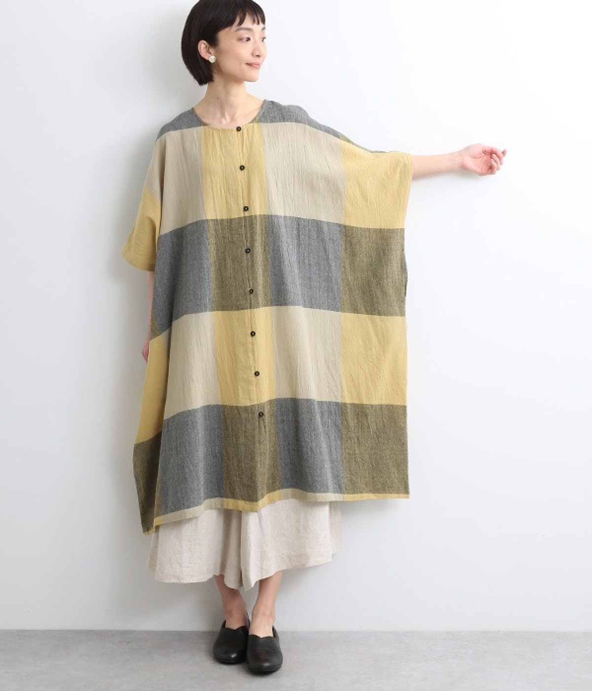 コットンビッグチェックカディーワンピース(イエロー-ONESIZE)