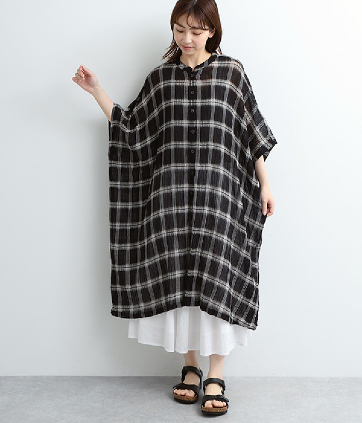 コットン薄手チェックスタンドネックワンピース(ブラック-ONESIZE)