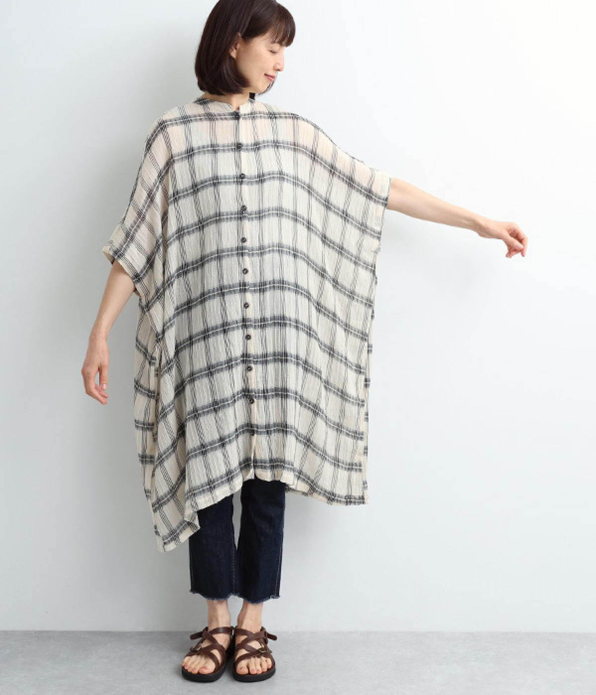 コットン薄手チェックスタンドネックワンピース(ナチュラル-ONESIZE)