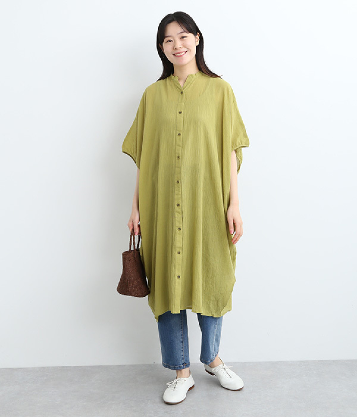 コットンワッシャービッグワンピース(グリーン-ONESIZE)