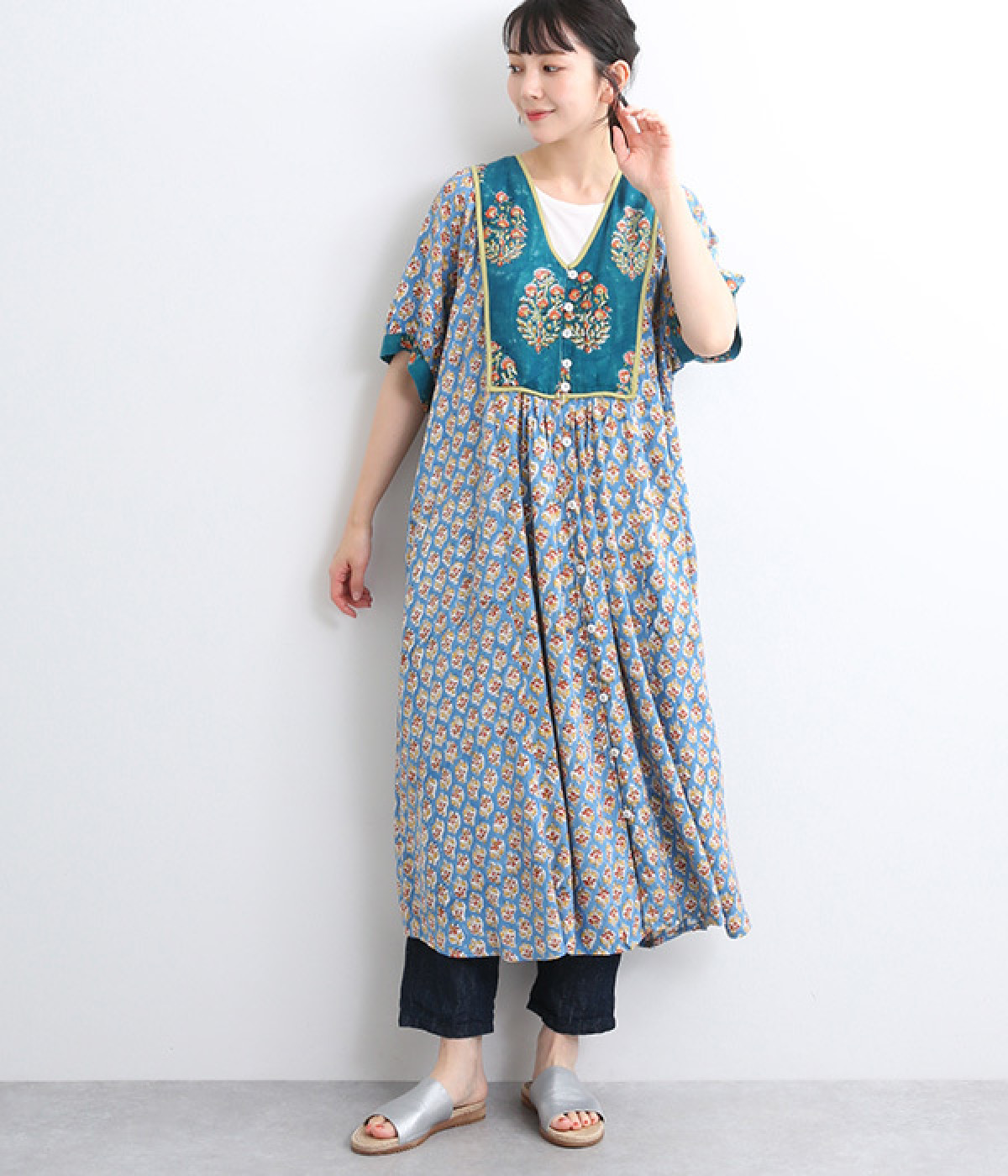 カラフルフラワープリント7分袖ワンピース(グリーン-ONESIZE)