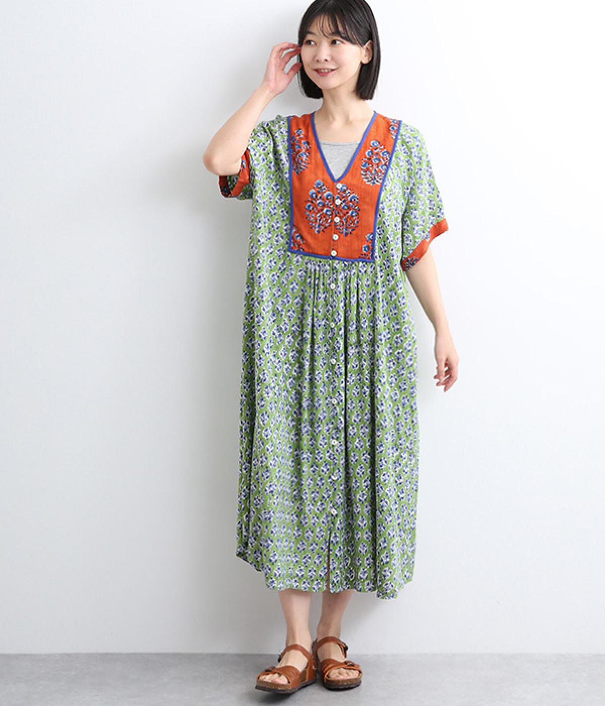 カラフルフラワープリント7分袖ワンピース(オレンジ-ONESIZE)