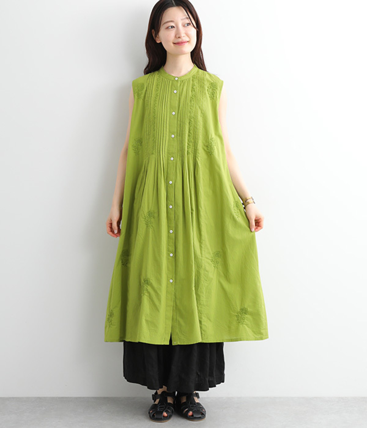 コットンピンタック×ラクノウ刺繍ロングノースリーブワンピース(グリーン-ONESIZE)