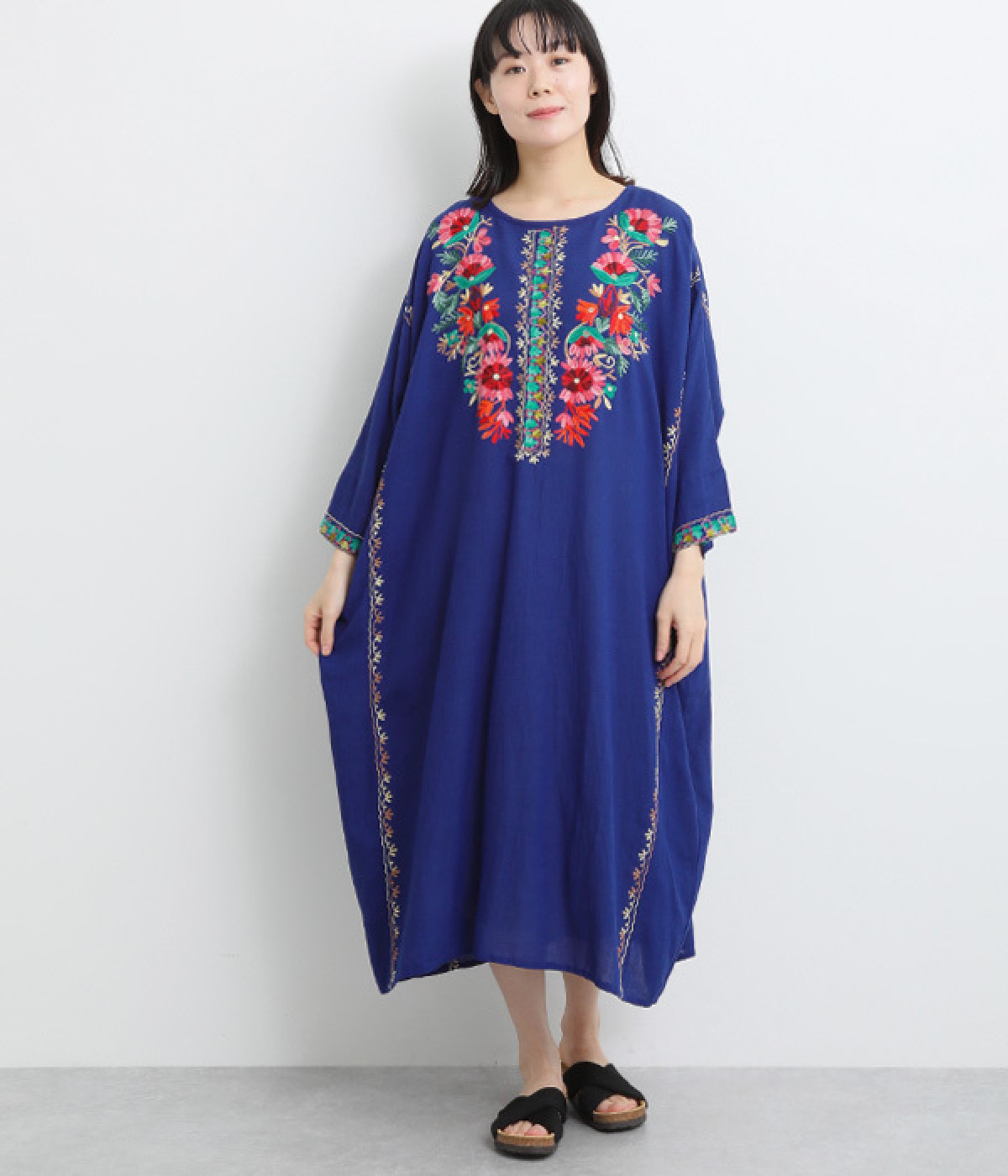 アリ刺繍ドルマンワンピース(ブルー-ONESIZE)