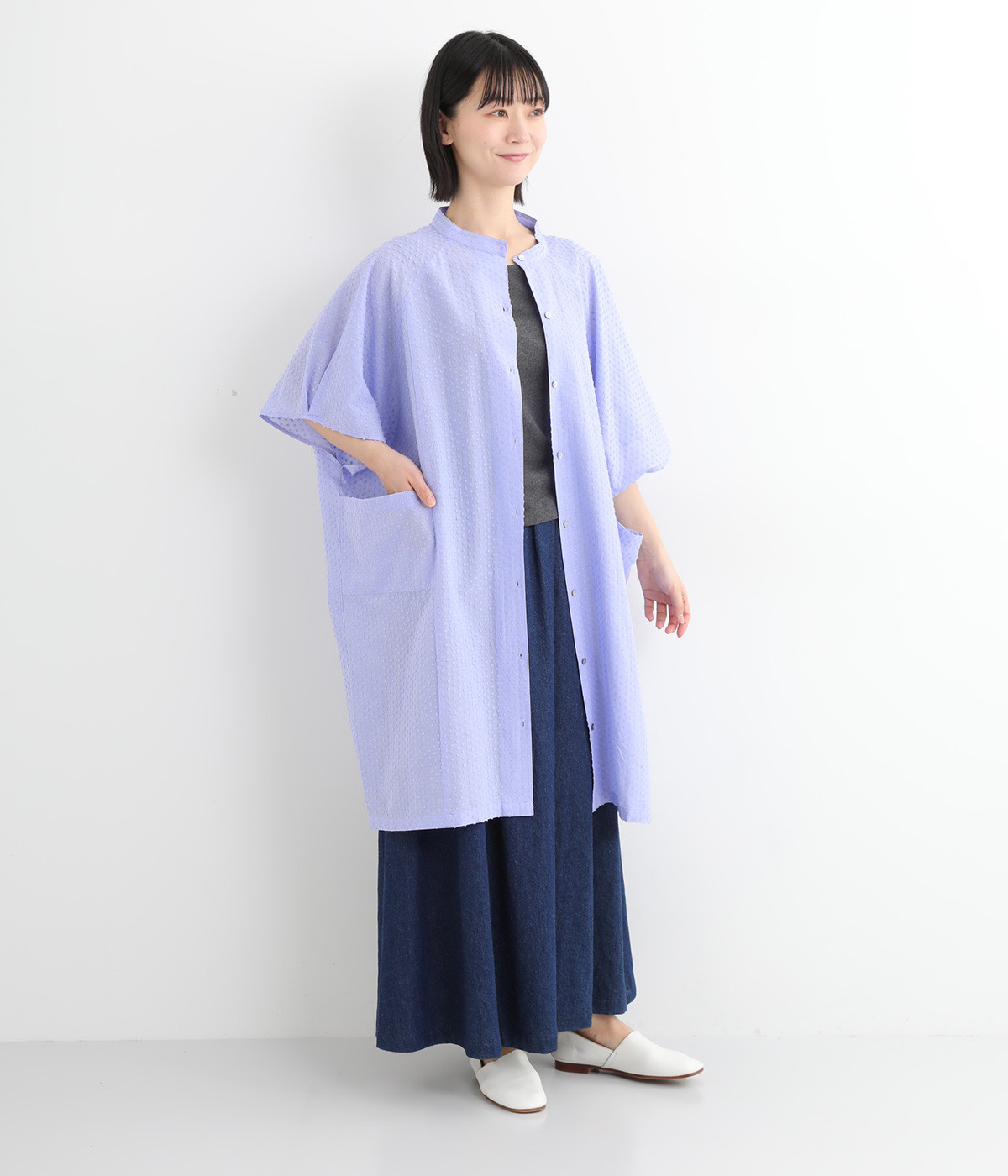 コットンドットドビー前あきチュニック(ブルー-ONESIZE)