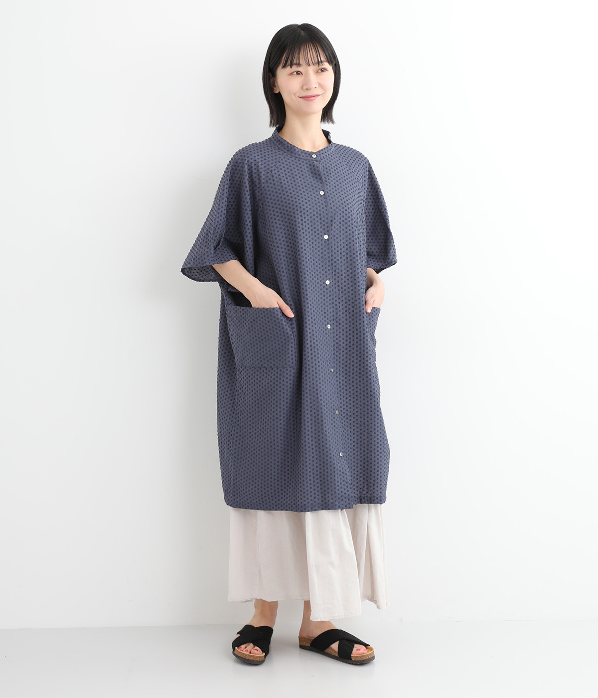 コットンドットドビー前あきチュニック(ネイビー-ONESIZE)