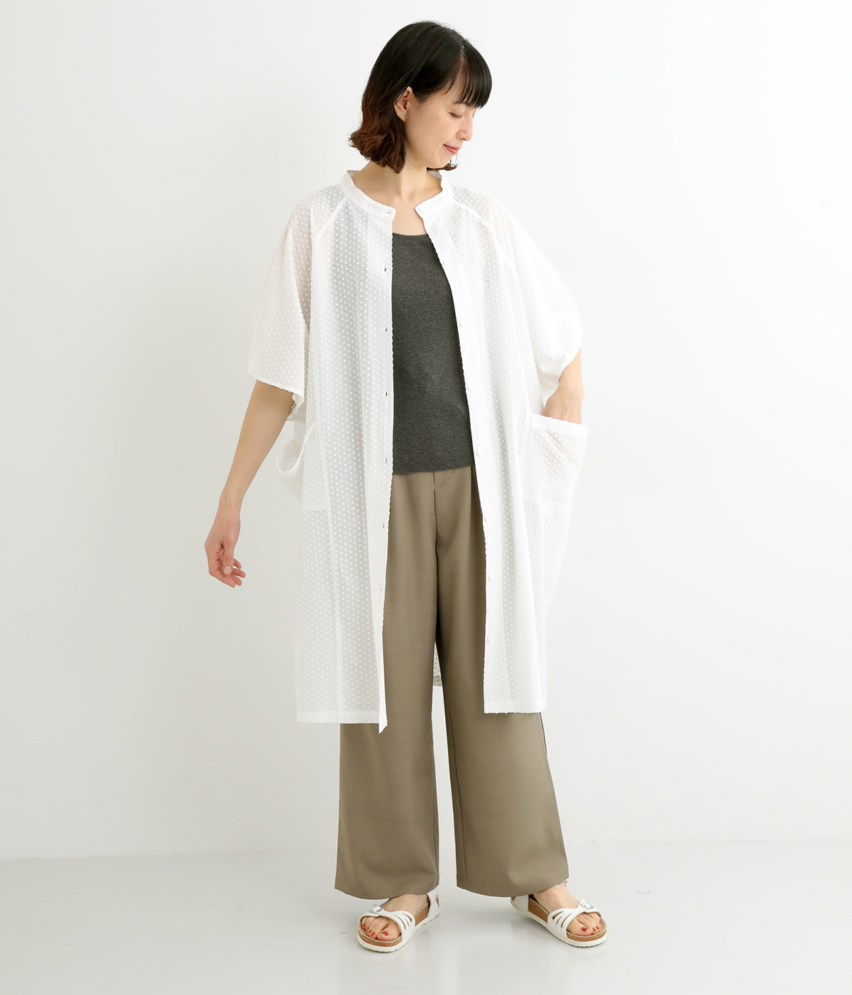 コットンドットドビー前あきチュニック(ホワイト-ONESIZE)