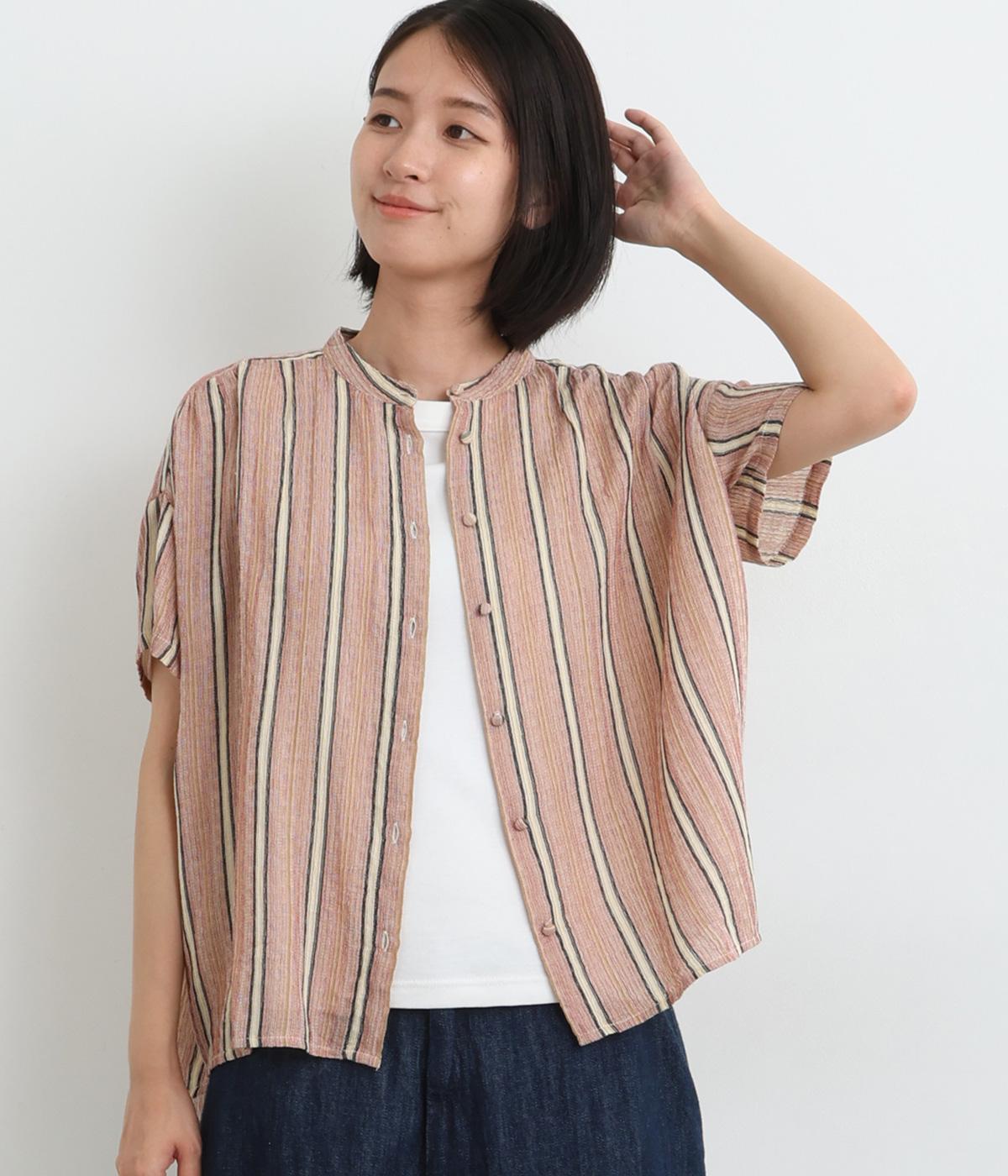 コットンストライプショートブラウス(茶系-ONESIZE)