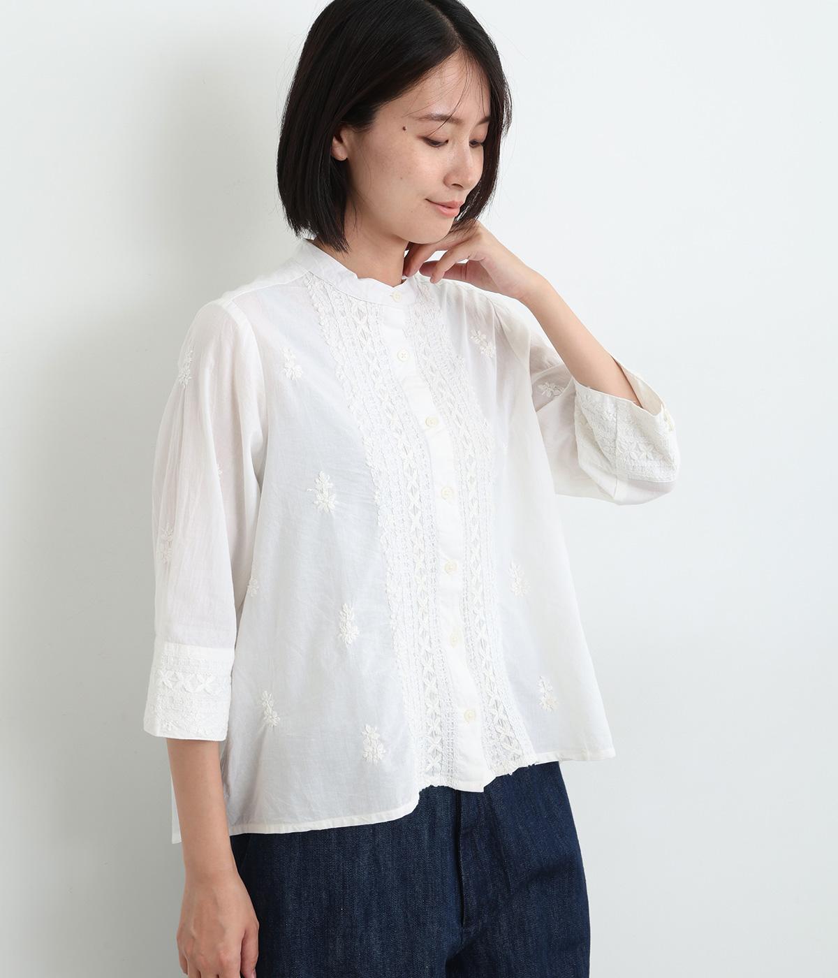 コットンラクノウ刺繍スタンドカラーブラウス(ホワイト-ONESIZE)