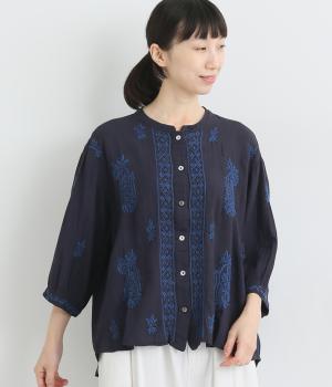フラックス混ラクノウ刺繍ブラウス(ネイビー-ONESIZE)