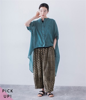 コットンピグメントダイイレヘムブラウス(ブルー-ONESIZE)