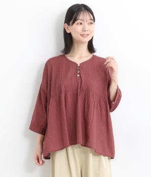 ストライプボイルピンタックプルオーバー(ブラウン-ONESIZE)