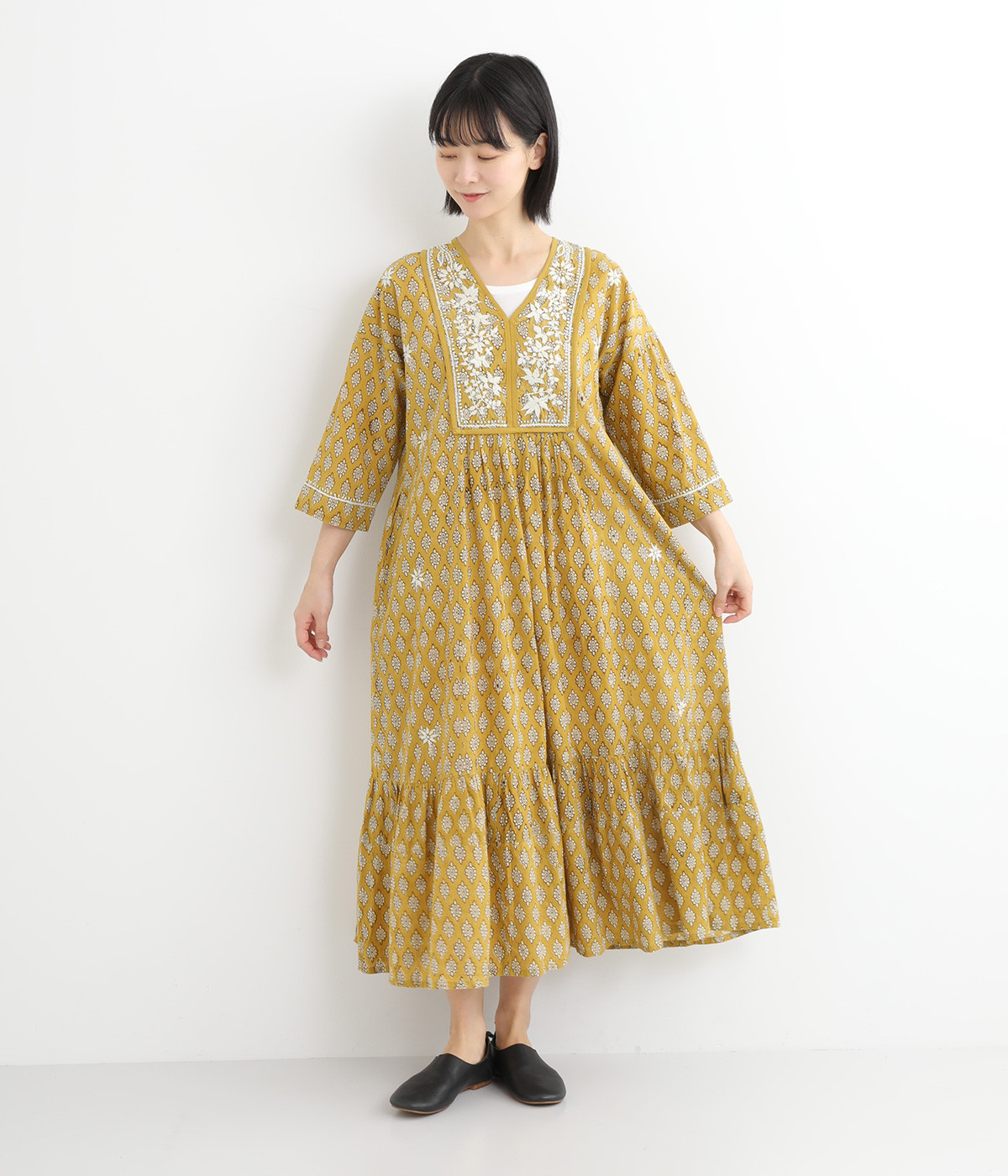 ラクノウ刺繍+プリントワンピース(イエロー-ONESIZE)