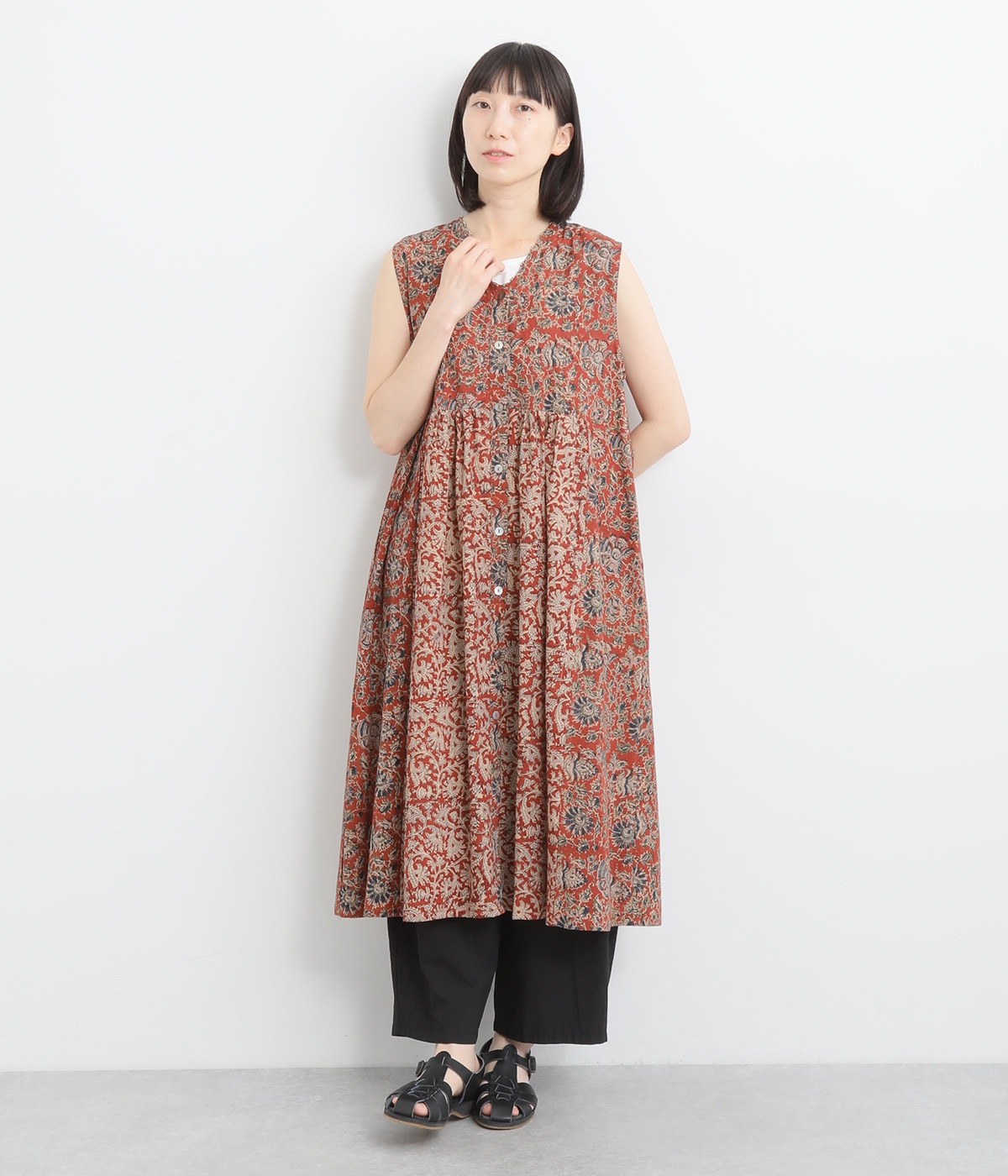 カラムカリプリントノースリーブワンピース(レッド-ONESIZE)