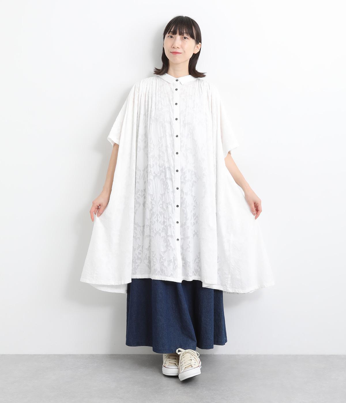 コットンフラワージャカードシャツワンピース(ホワイト-ONESIZE)