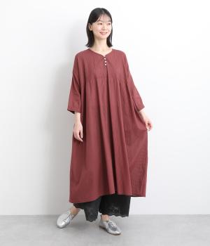 ストライプボイルピンタックワンピース(ブラウン-ONESIZE)