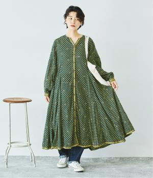 ドット×ゴールドプリントワンピース(ピーコックブルー-F)