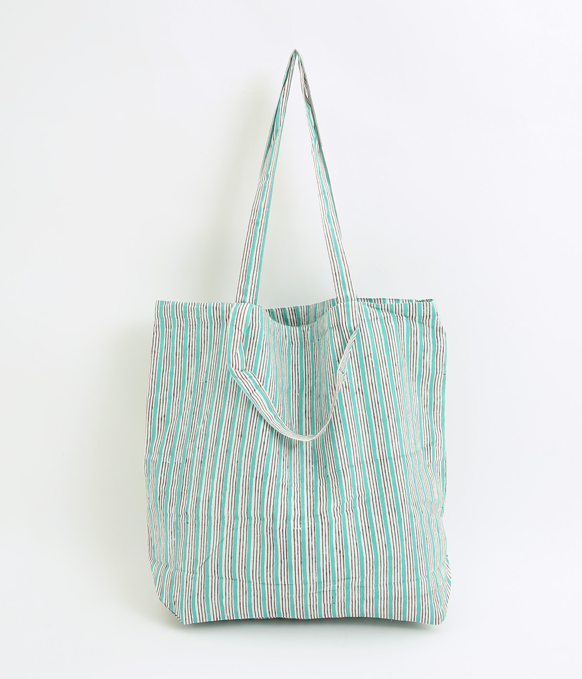 2ハンドルトートバッグストライプブロックプリント(ミントブルー-ONESIZE)