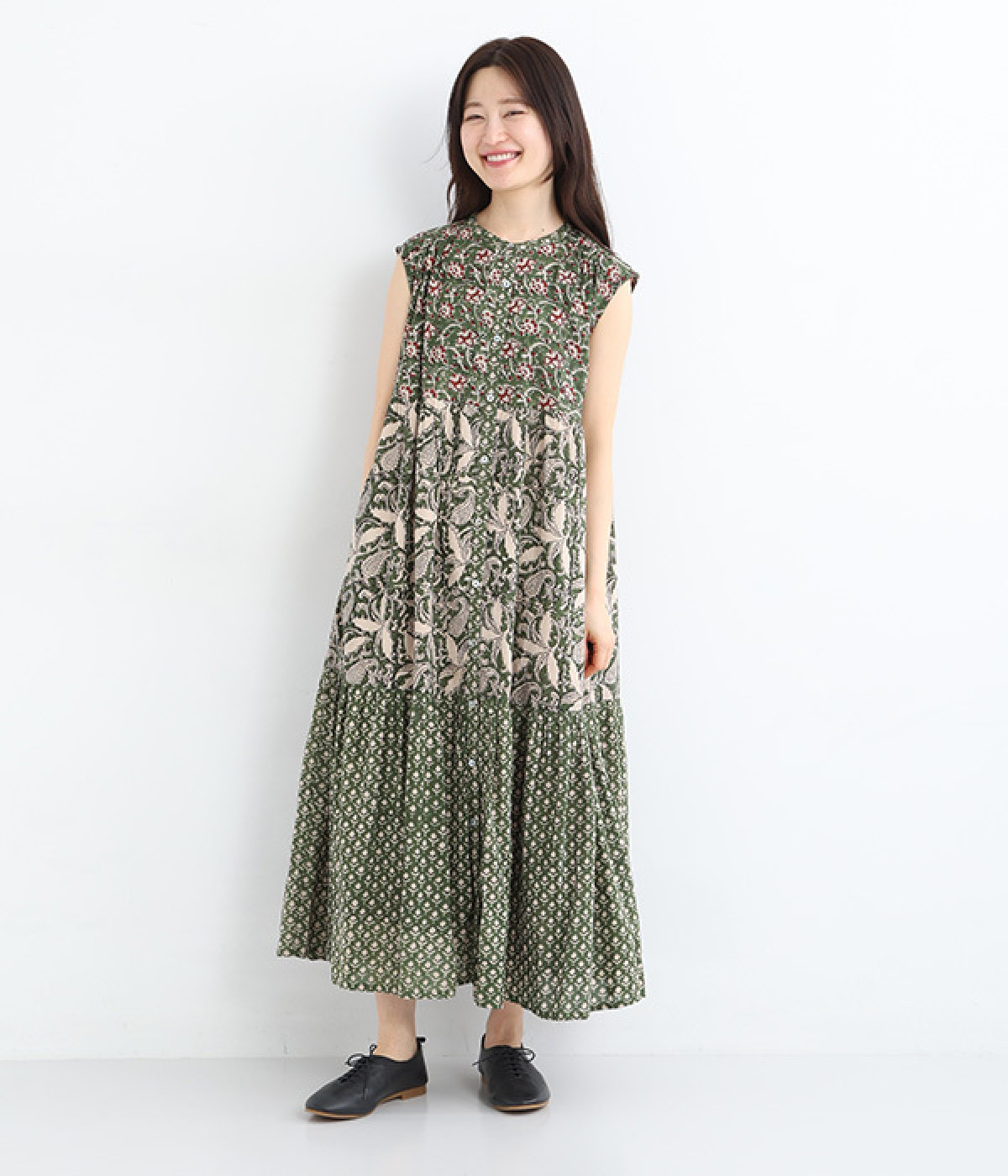 【Shanti Shanti】コットンボイル・キャンブリックシックブロックティアードワンピース(グリーン-ONESIZE)