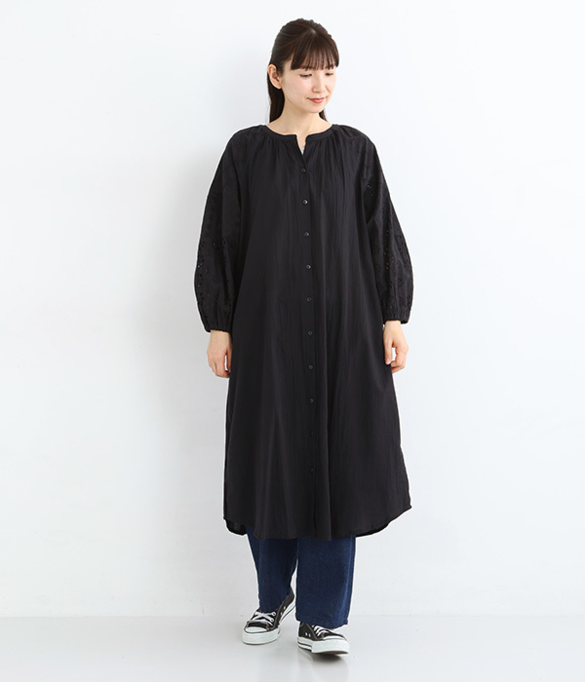 コットンキャンブリックシフリーワンピース(ブラック-ONESIZE)