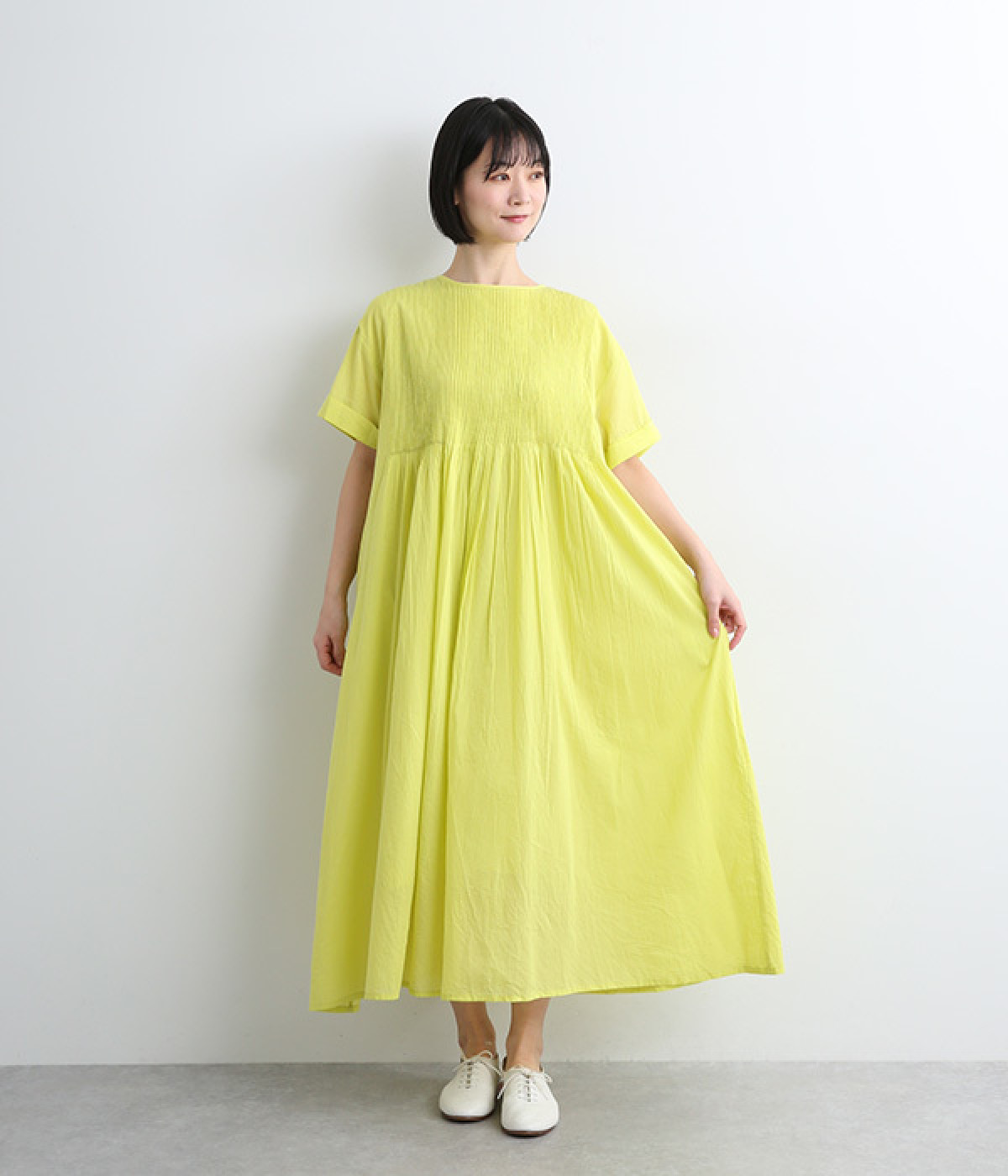 【Shanti Shanti】コットンボイルプリーワンピース(ライム-ONESIZE)