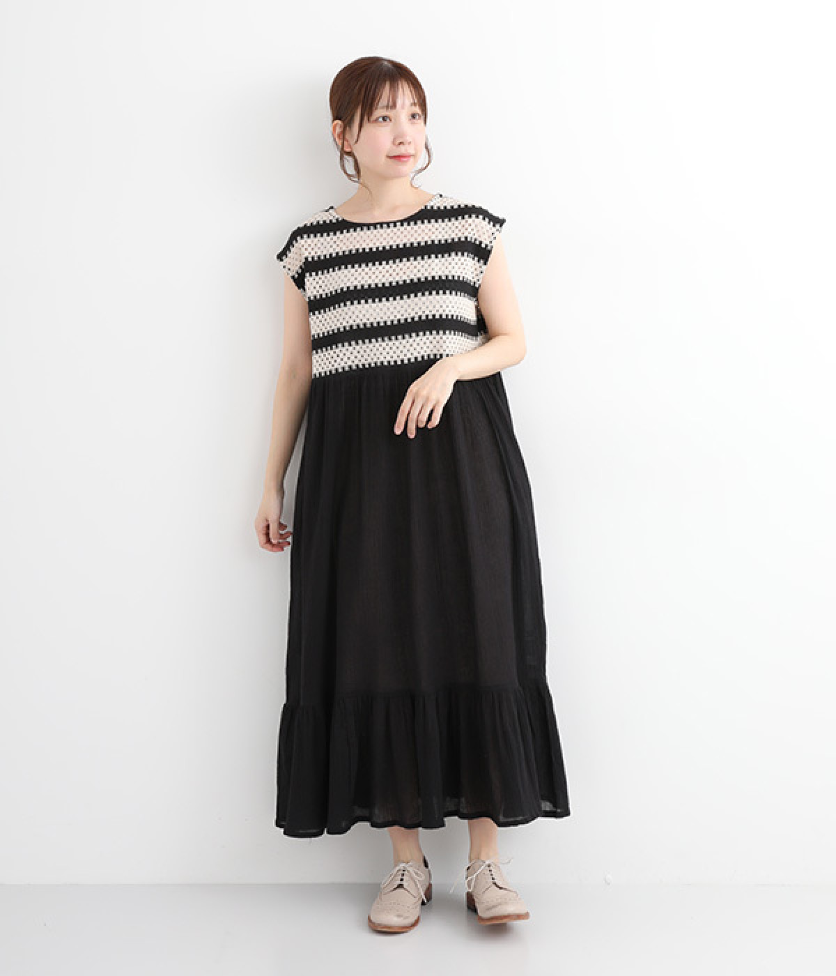【Shanti Shanti】コットンクレープバイカラーレースワンピース(ブラック-ONESIZE)